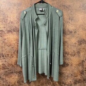 Chico's Travelers Green Size 3‎ Open Cardigan Jacket Layer Draw Cinch Waist
